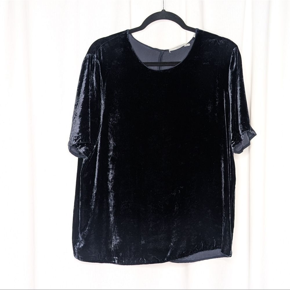 Vince Silk Crushed Velvet Blouse in Midnight Navy Short Sleeve Top